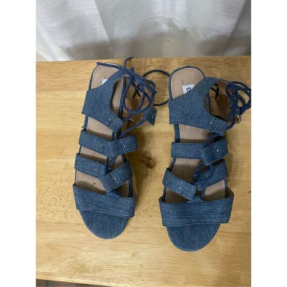 Steve Madden Braylin denim strappy lace up platform wedge shoes size 7 - Picture 2 of 8